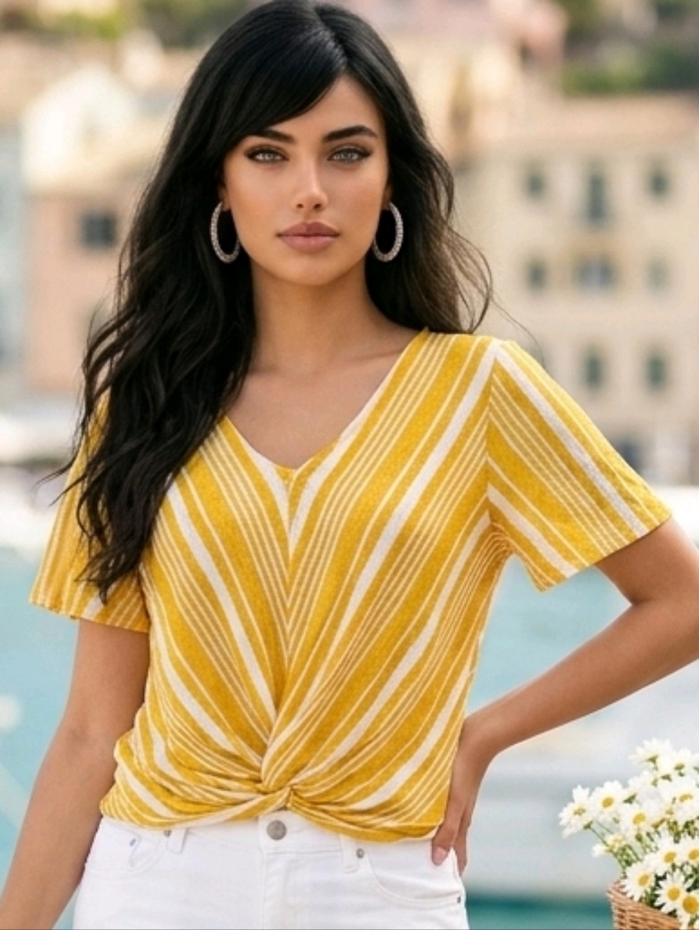 W5 Yellow & White Striped Twist Hem Top